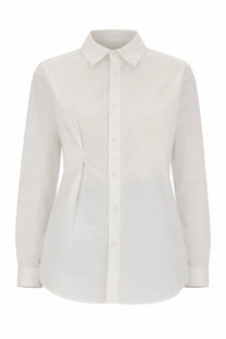 The garment women’s shirt cyprus white is a crisp white button-down blouse with a classic collar and subtle side pleats