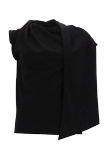 The garment women’s black sleeveless top with draped asymmetrical neckline made of soft fabric