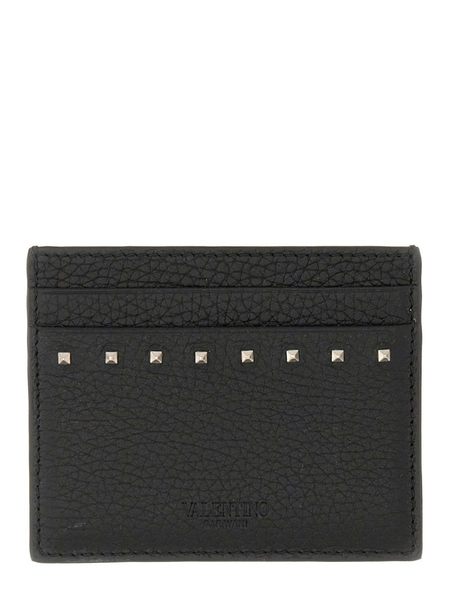 Valentino Men's Garnet Calfskin Rockstud Card Holder Black