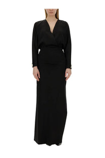 Genny women’s long black satin wrap dress with long sleeves and v-neckline perfect for elegant occasions