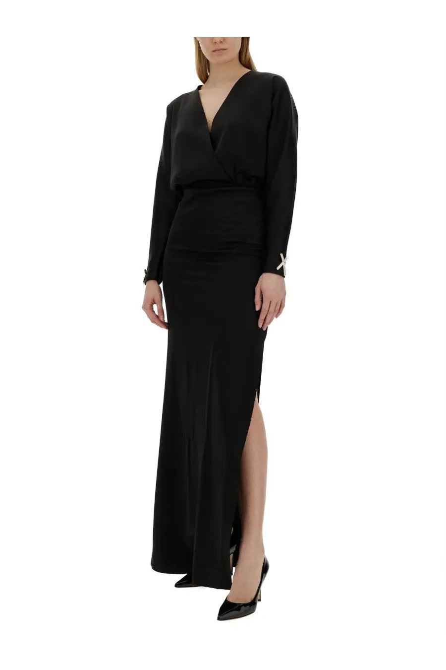 Genny women’s long black satin wrap dress with deep v-neckline long sleeves and high slit