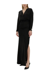 Genny women’s long black satin wrap dress with deep v-neckline long sleeves and high slit