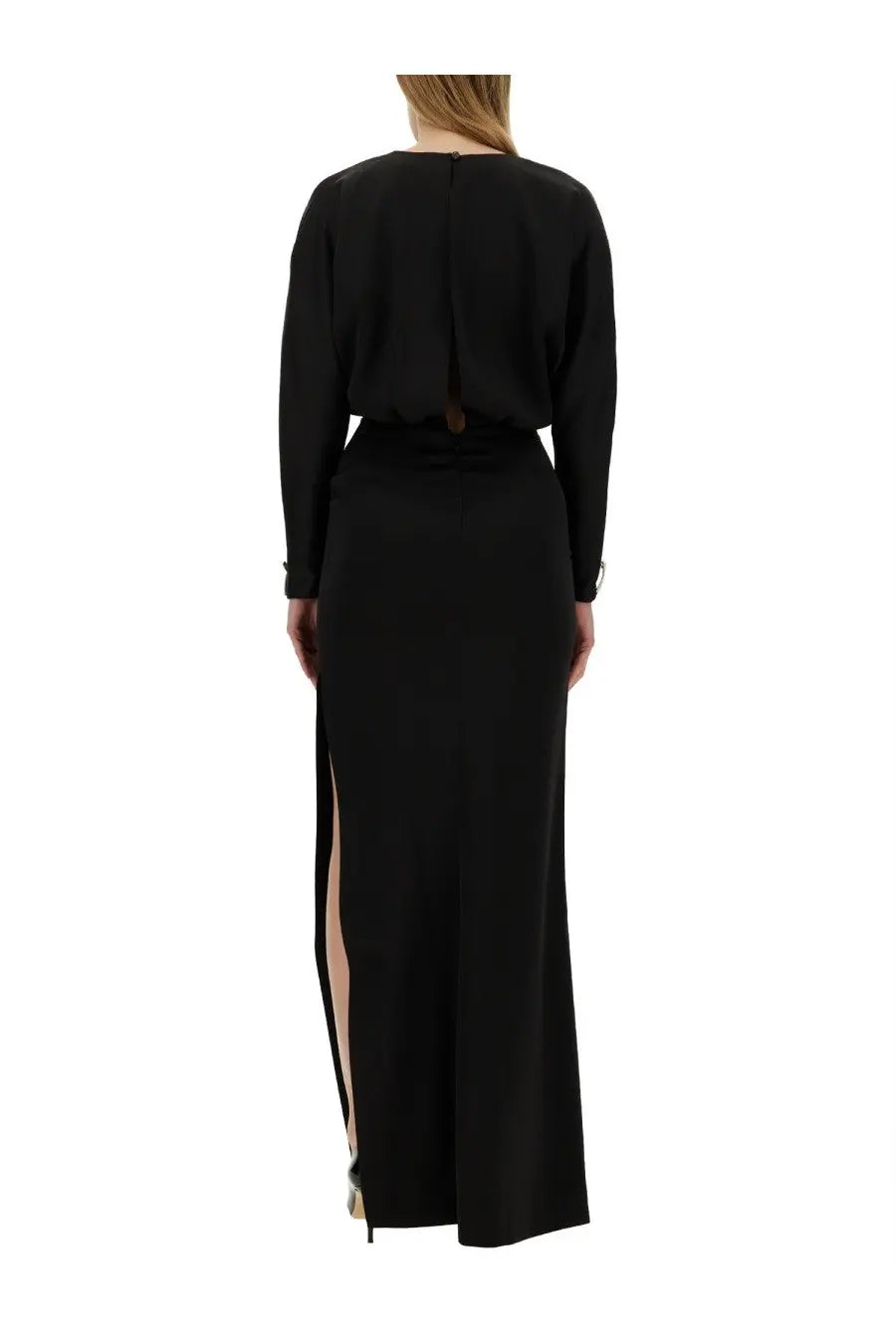 Genny women’s black long dress with high waist, side slit, and flowing fabric in elegant long sleeves