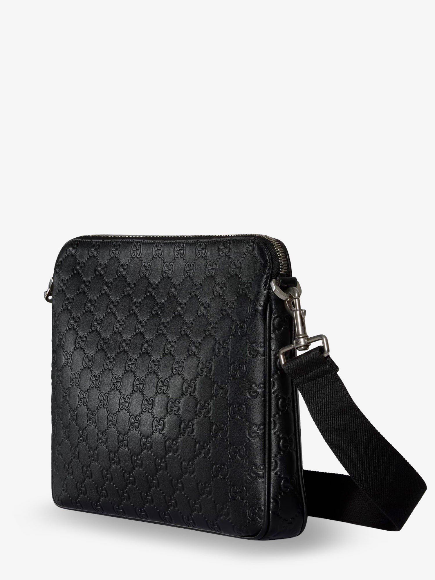 Gucci Men's GG Emblem Leather Crossbody Bag Grey