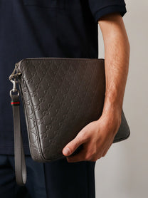 Gucci Men's GG Emblem Leather Crossbody Bag Grey
