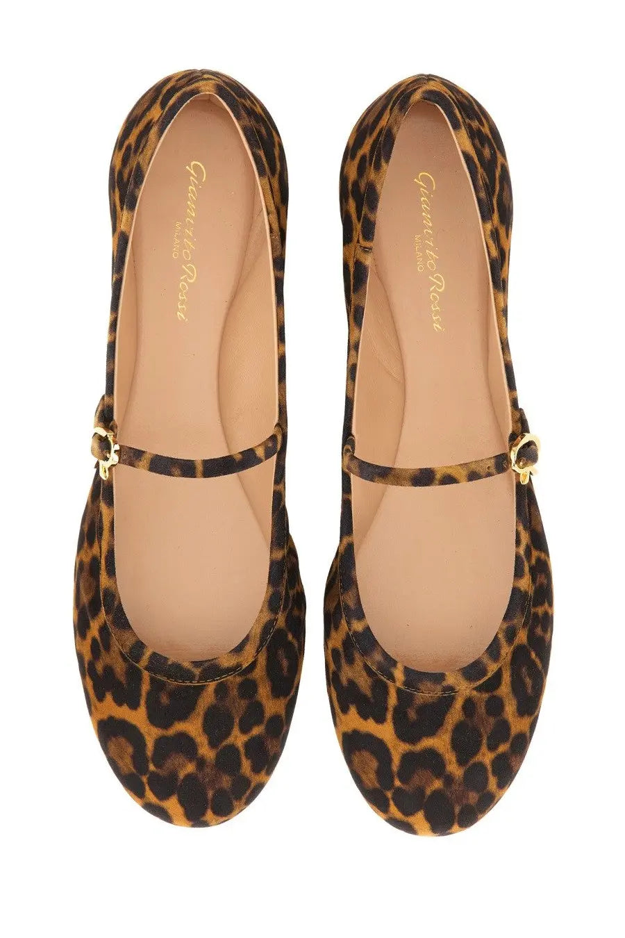 Gianvito Rossi womens ballerina Carla pattern leopard print suede mary jane flats with gold tone buckle details
