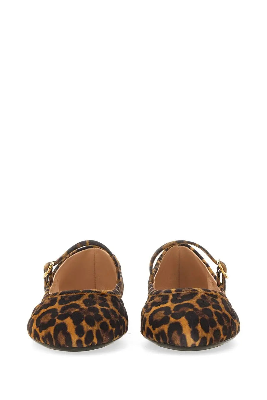 Gianvito Rossi women’s ballerina Carla leopard print suede flats with gold tone buckle straps