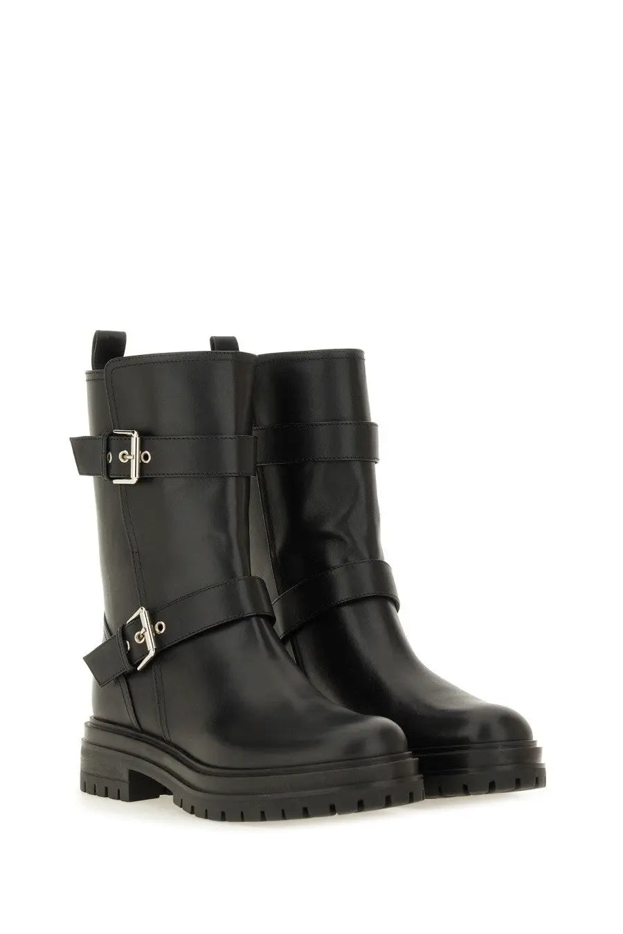 Gianvito Rossi women’s black leather ankle boots with silver buckle straps and chunky sole, front view