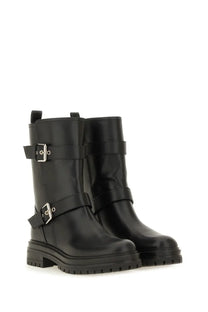 Gianvito Rossi women’s black leather ankle boots with silver buckle straps and chunky sole, front view