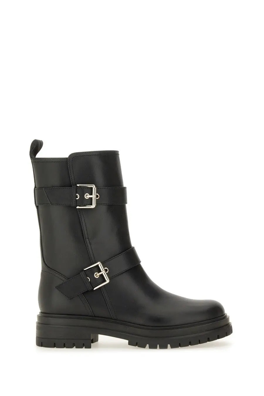 Gianvito Rossi women’s black leather ankle boot with two silver buckle straps and chunky rubber sole
