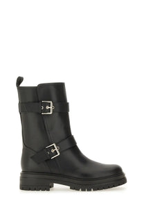 Gianvito Rossi women’s black leather ankle boot with two silver buckle straps and chunky rubber sole