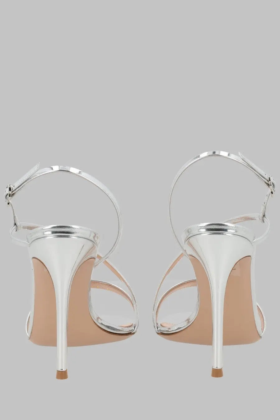Gianvito Rossi women’s écolleté manhattan silver high-heeled sandals with sleek metallic design and thin ankle straps