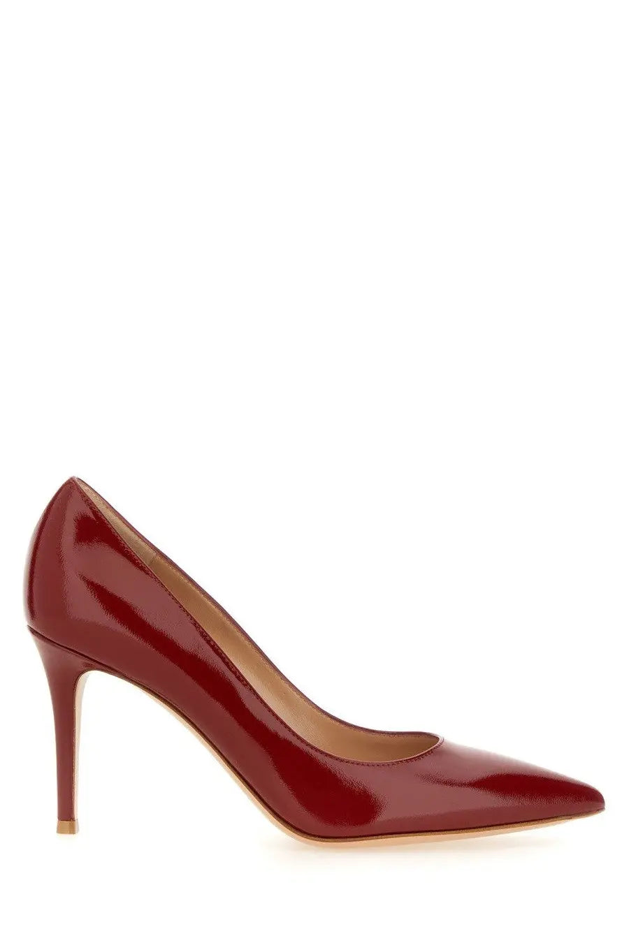 A sleek burgundy patent leather pump with a pointed toe and stiletto heel from Gianvito Rossi Women’s Écolleté Gianvito Red