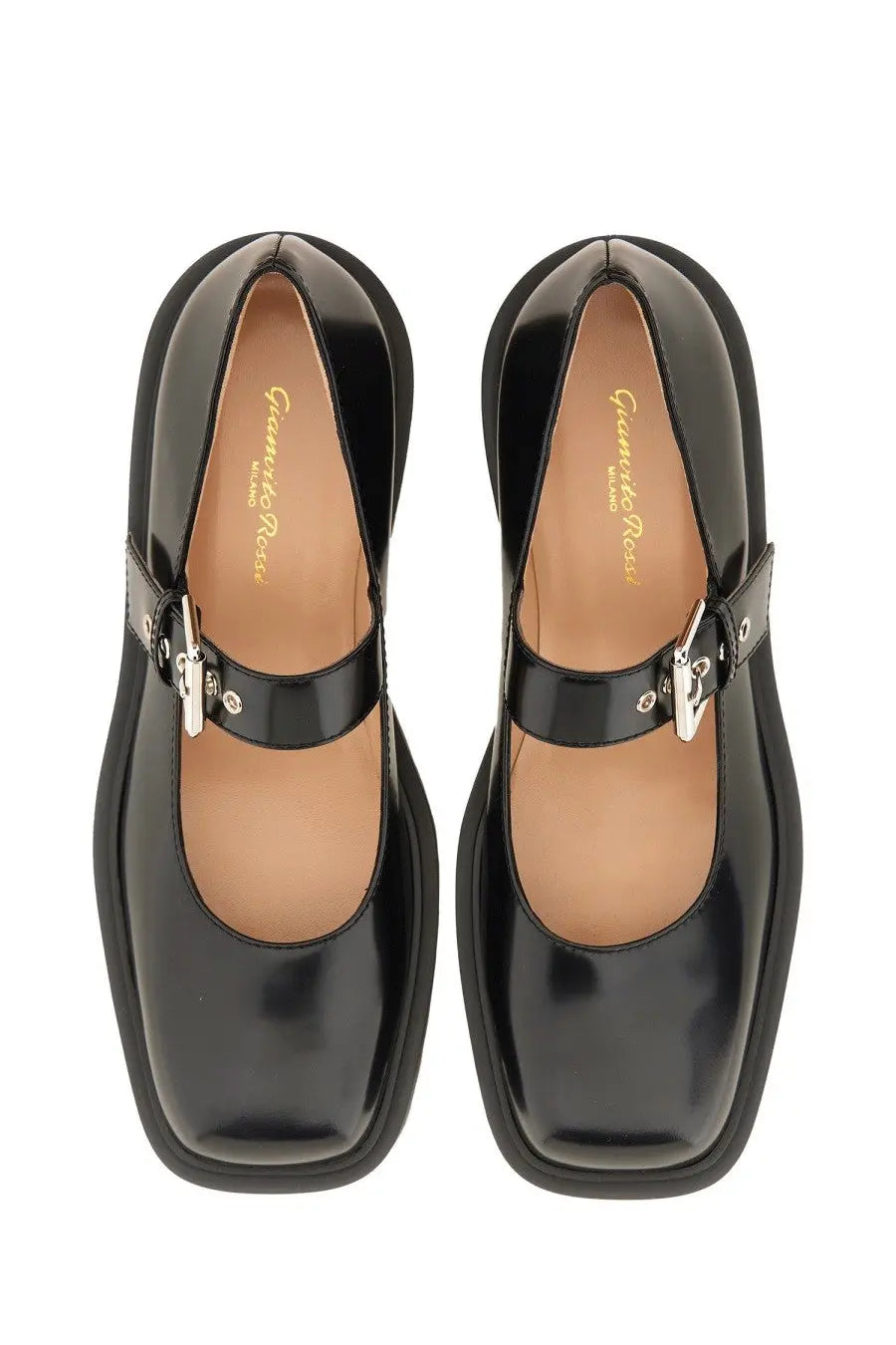 Black patent leather gianvito rossi mary jane flat shoe with silver buckle and square toe