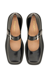 Black patent leather gianvito rossi mary jane flat shoe with silver buckle and square toe