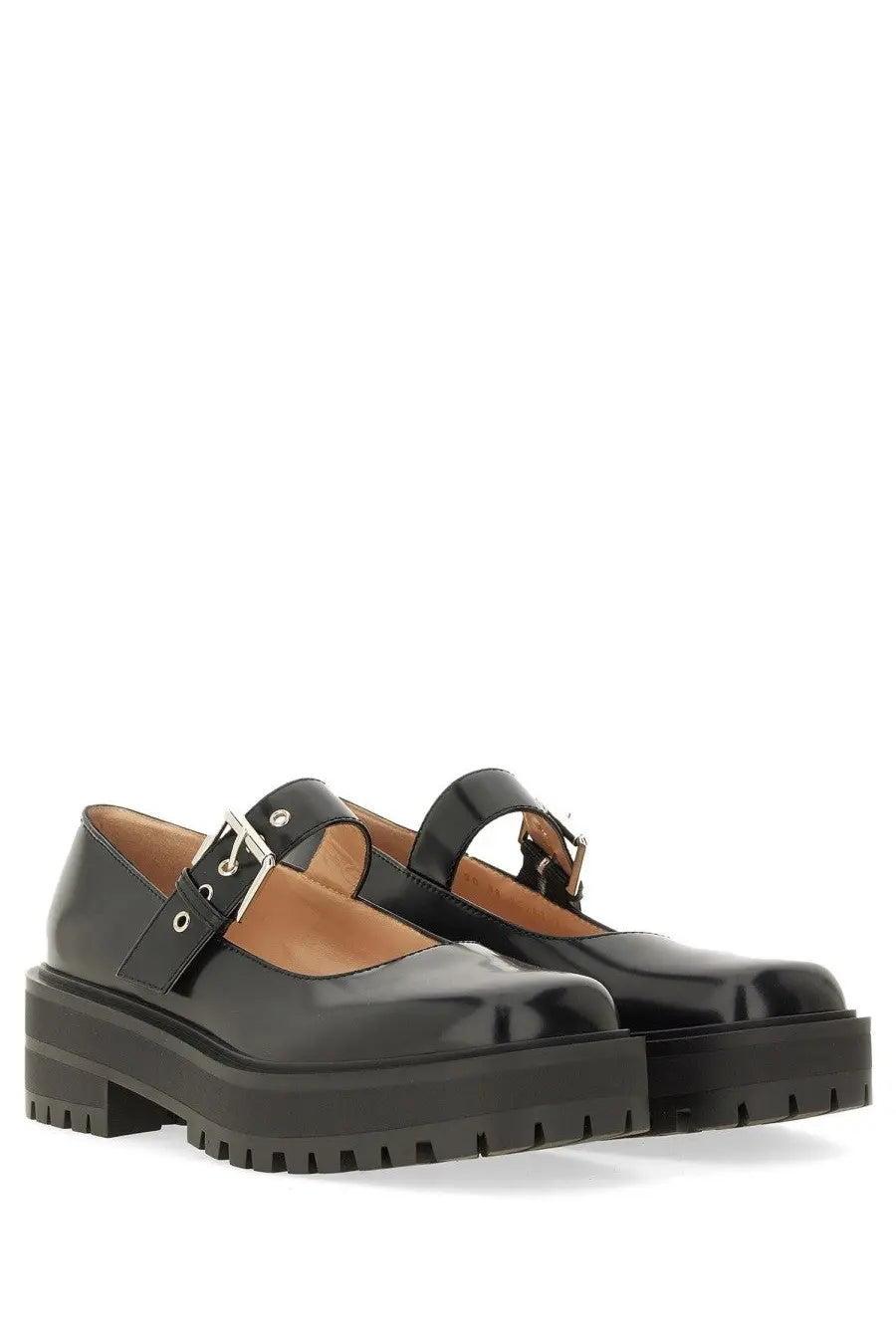 Gianvito Rossi women’s black patent leather mary jane sandal with chunky platform sole and silver-toned buckle