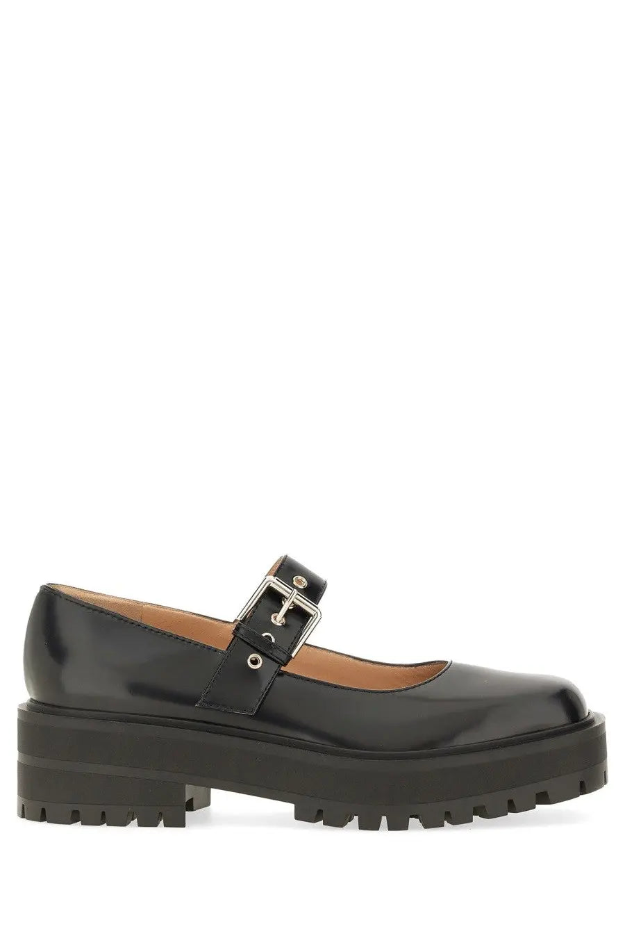 Gianvito Rossi women’s black leather sandal with patent mary jane style chunky rubber sole and silver buckle