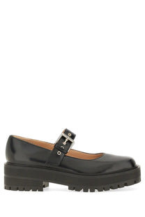 Gianvito Rossi women’s black leather sandal with patent mary jane style chunky rubber sole and silver buckle