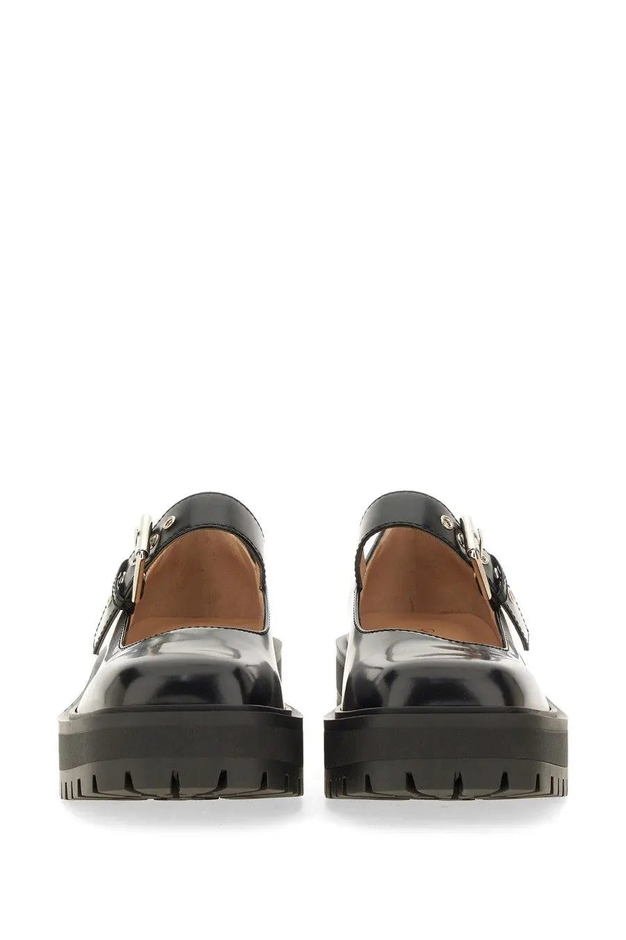 Black patent leather platform mary jane shoes with chunky sole and silver buckle details by gianvito rossi