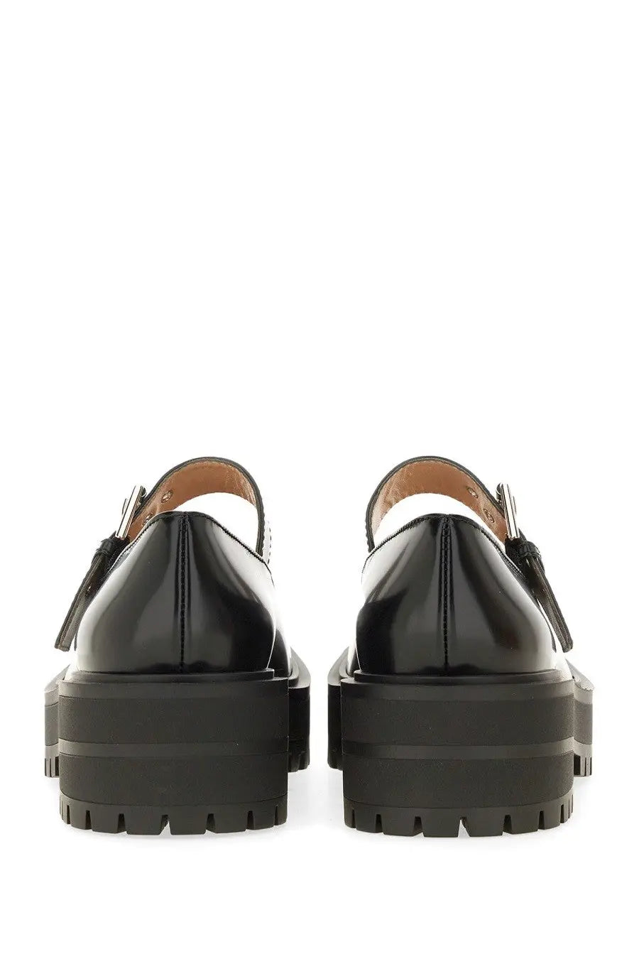 Gianvito Rossi women’s black leather sandal with patent platform mary jane style and chunky sole with side buckle detail