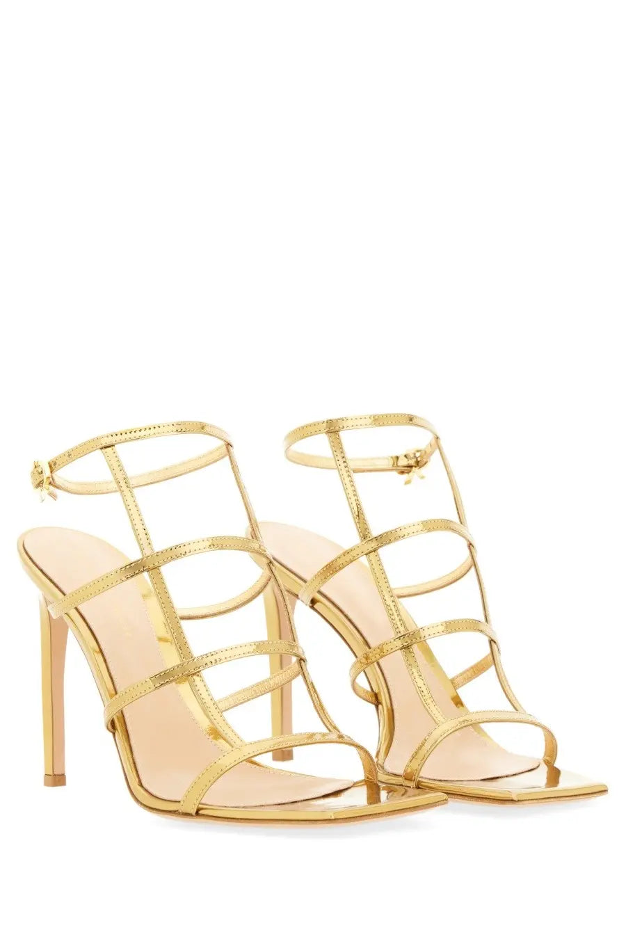 Gianvito Rossi women’s gold metallic strappy high-heeled sandals with sleek geometric design and ankle straps