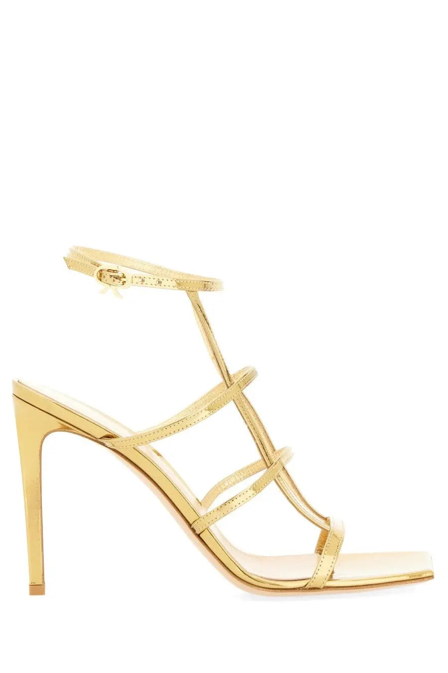 Gianvito Rossi women’s gold metallic strappy sandal with slender heel and ankle strap for elegant wear
