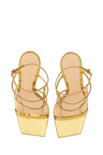 Gianvito Rossi women’s gold platform sandals with multiple crisscrossing straps and glossy finish