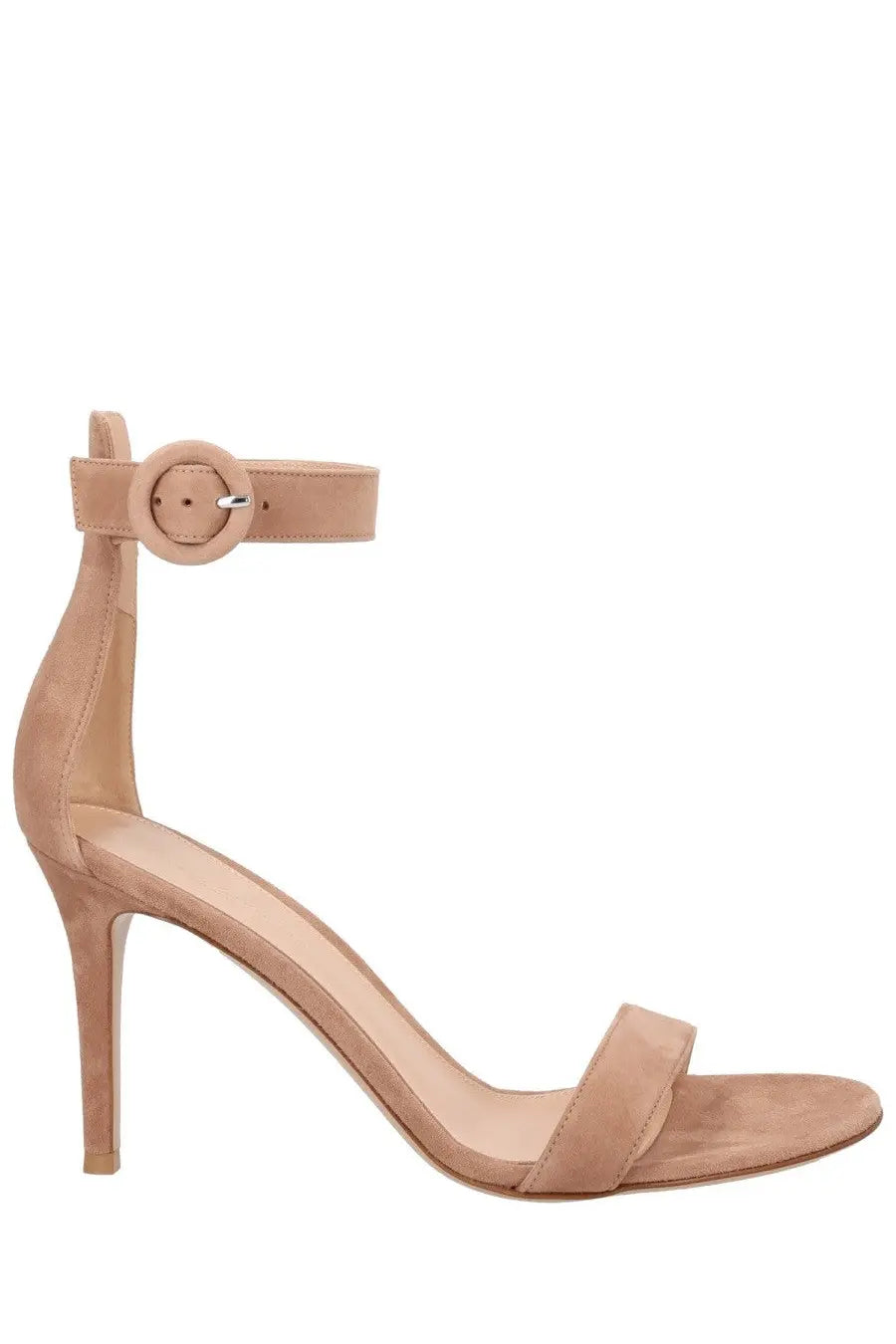 Beige suede ankle-strap high heel sandal with circular buckle from gianvito rossi womens sandalo portofino con tacco