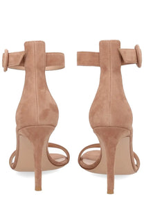 Beige suede high-heeled sandals with ankle straps and slender heel by gianvito rossi women’s sandalo portofino con tacco