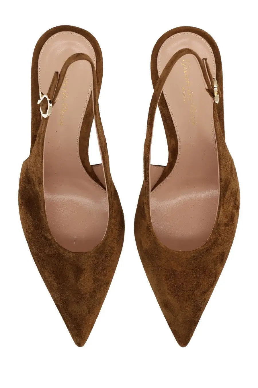 Gianvito Rossi women’s brown suede slingback heels with pointed toe and gold tone buckle detail