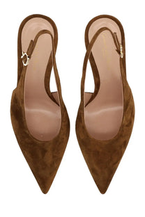 Gianvito Rossi women’s brown suede slingback heels with pointed toe and gold tone buckle detail