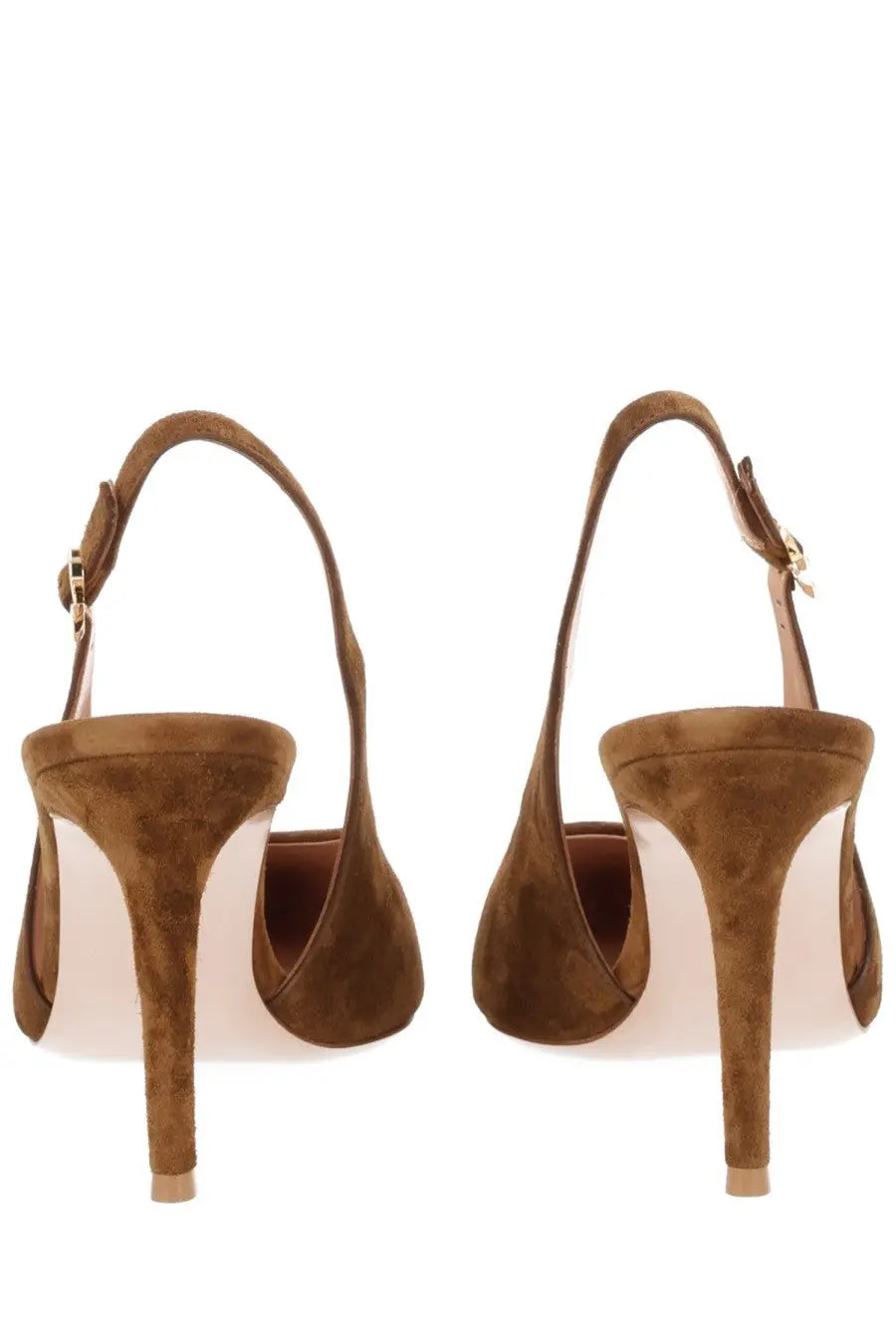 Gianvito Rossi women’s brown suede slingback heels with slender high heel and gold-tone buckle detail