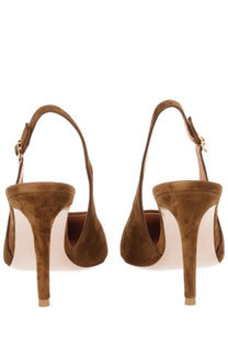 Gianvito Rossi women’s brown suede slingback heels with slender high heel and gold-tone buckle detail