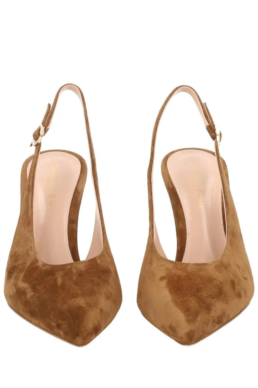 Tan suede slingback heels with pointed toe and gold-tone buckle from gianvito rossi womens shoe robbie brown