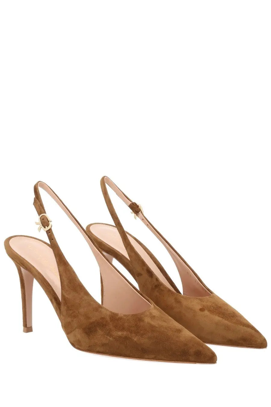 Gianvito rossi women’s tan suede slingback heels with slender high heel and gold tone buckle detail