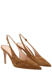 Gianvito rossi women’s tan suede slingback heels with slender high heel and gold tone buckle detail