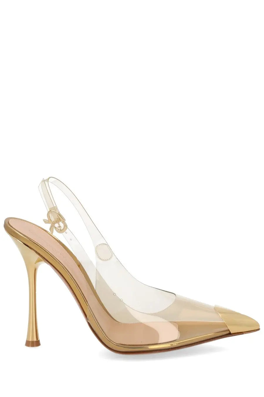 Gianvito Rossi women’s transparent acrylic slingback pumps with gold-tone metallic heel and toe cap