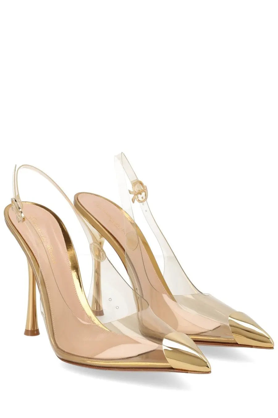 Gianvito Rossi women’s transparent slingback pumps with gold-tone metallic toe caps and heel accents