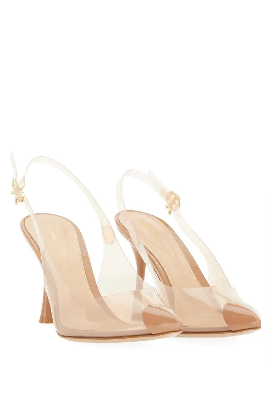 Gianvito Rossi women’s slingback shoe Diana beige transparent acrylic heels with nude insole and gold butterfly buckle