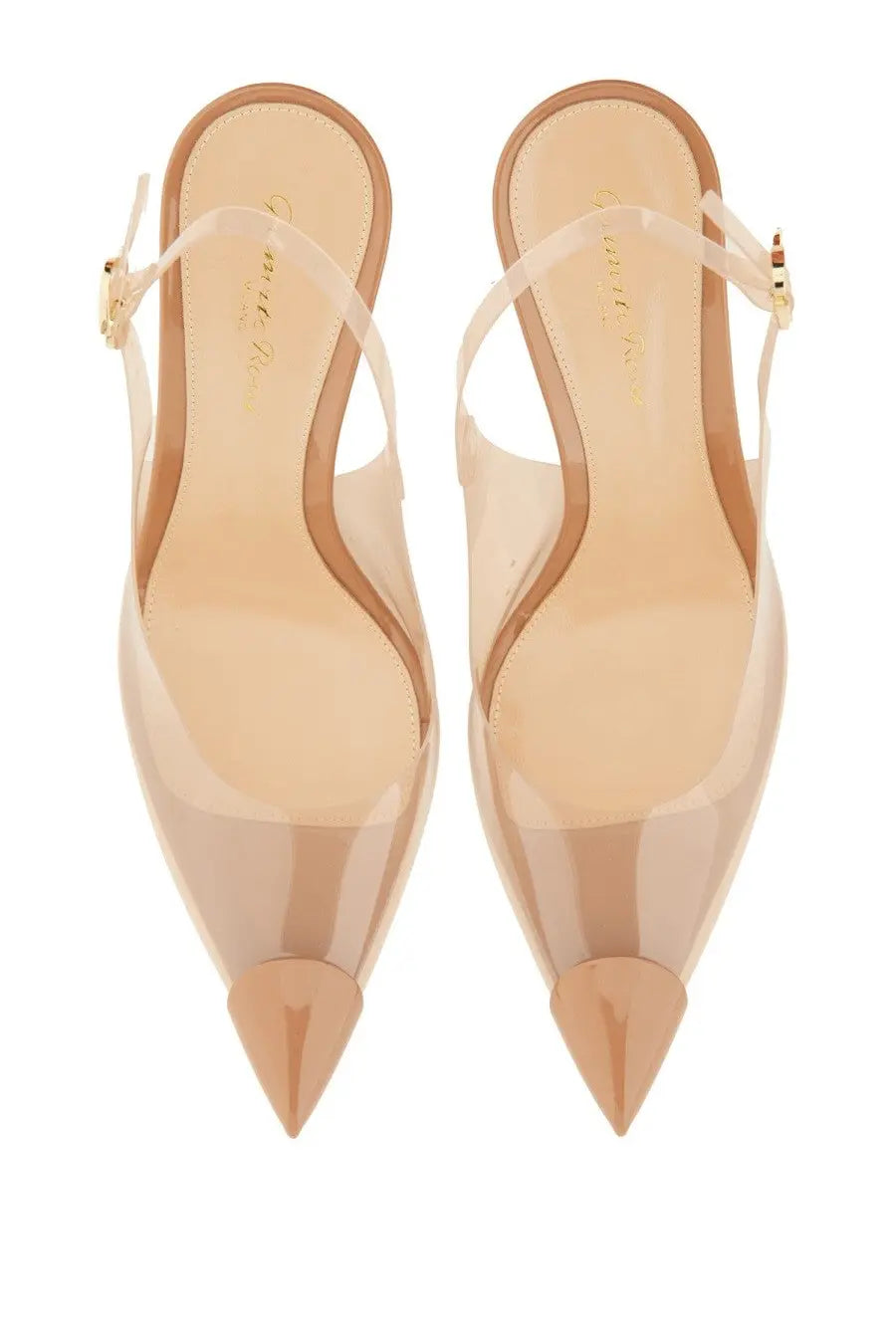 Transparent nude patent leather slingback heels with gold-tone buckle details by gianvito rossi female footwear