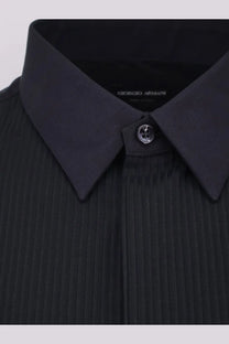 Giorgio Armani men’s black cotton ribbed shirt with structured collar and silver-toned logo button