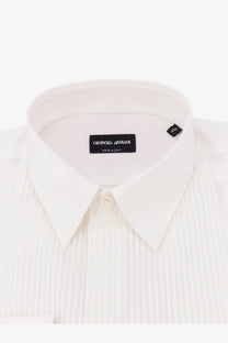 White pleated cotton button-down shirt by Giorgio Armani for men, perfect for formal and casual wear