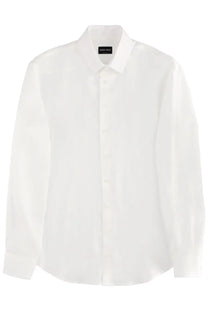 Giorgio Armani men’s white linen dress shirt with classic collar button-down front and subtle fabric texture