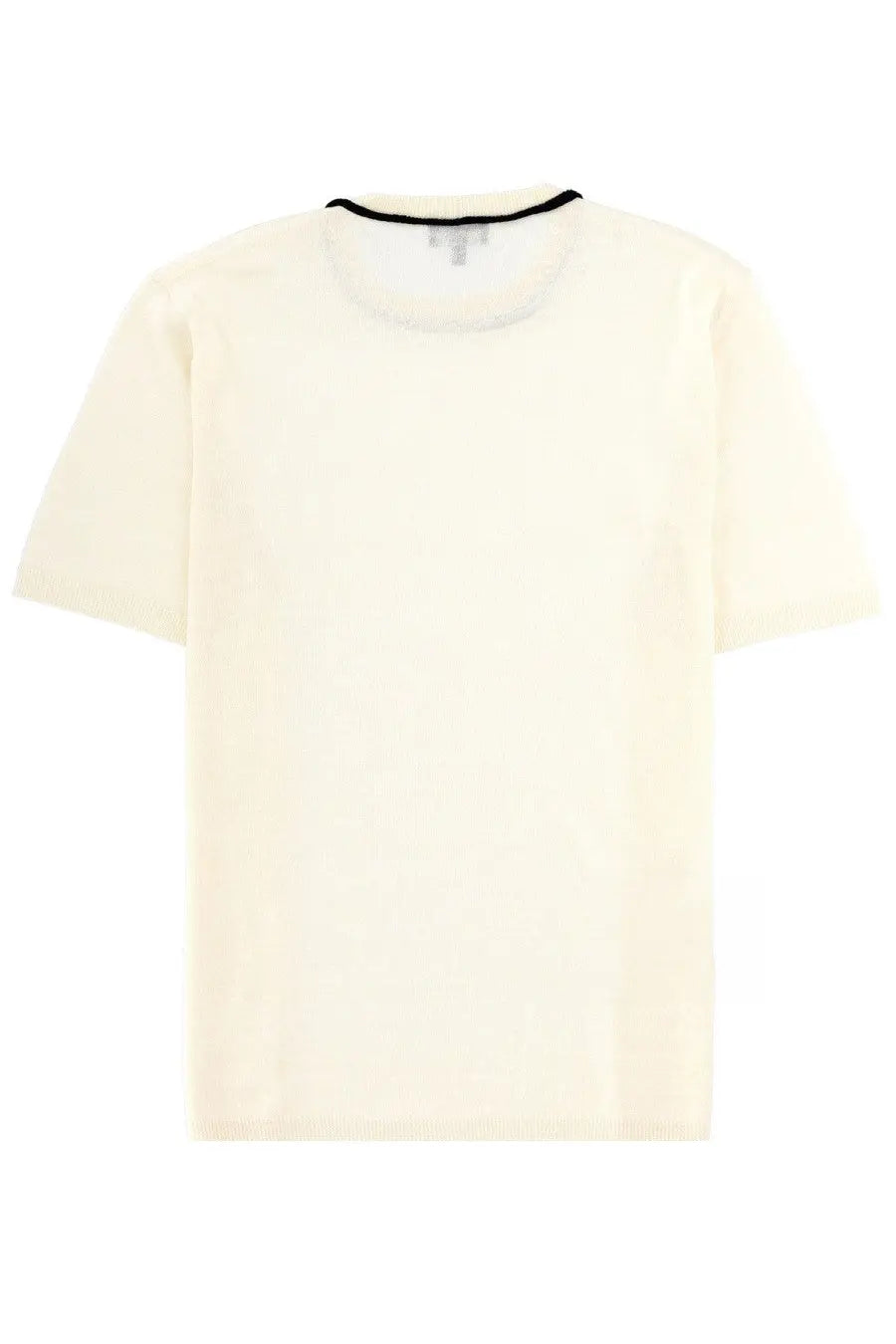 Giorgio Armani men’s cream linen and silk short-sleeved t-shirt with black ribbed trim around the neckline