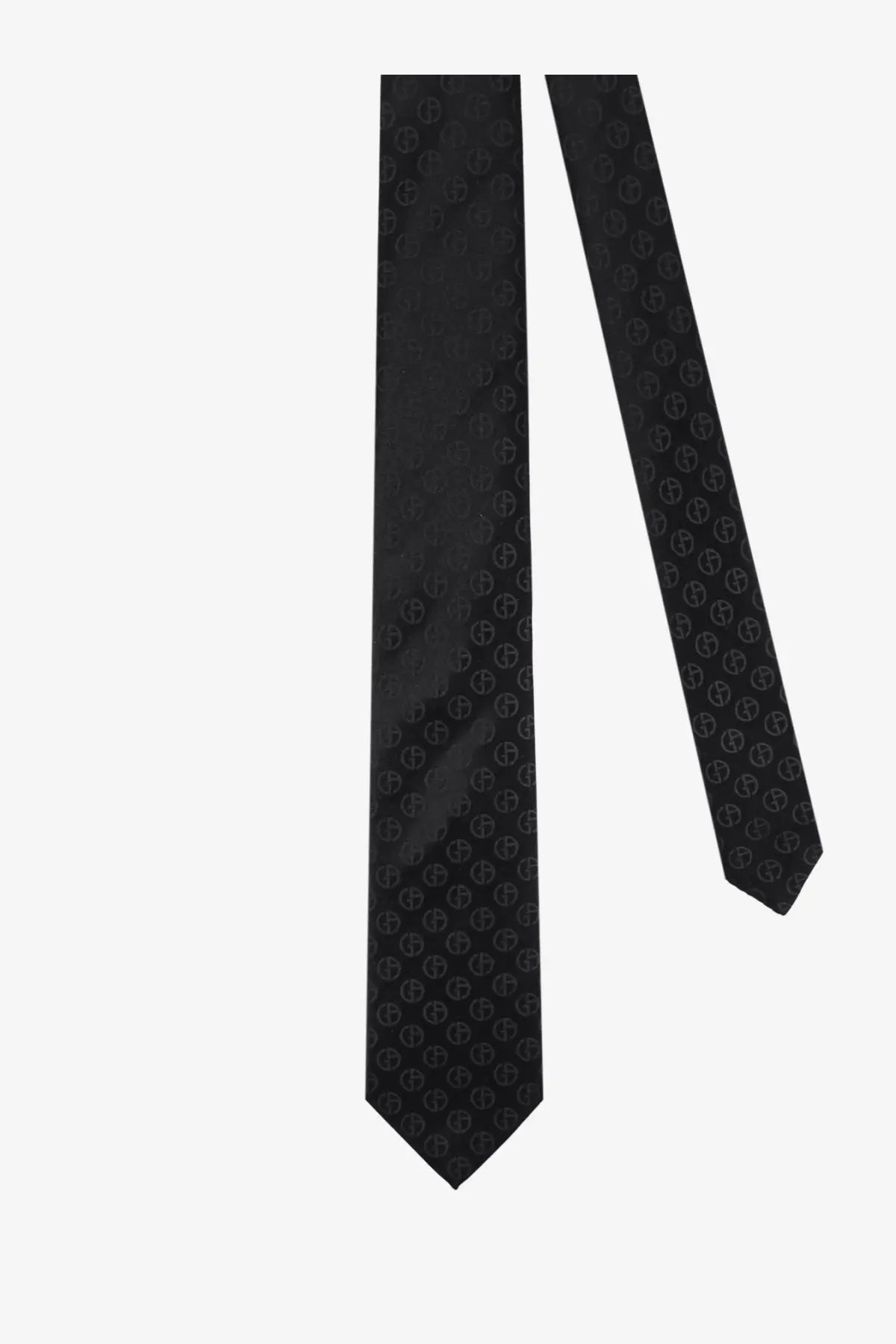 Giorgio Armani men’s black silk tie with a subtle repeating logo pattern for formal wear
