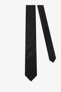 Giorgio Armani men’s black silk tie with a subtle repeating logo pattern for formal wear