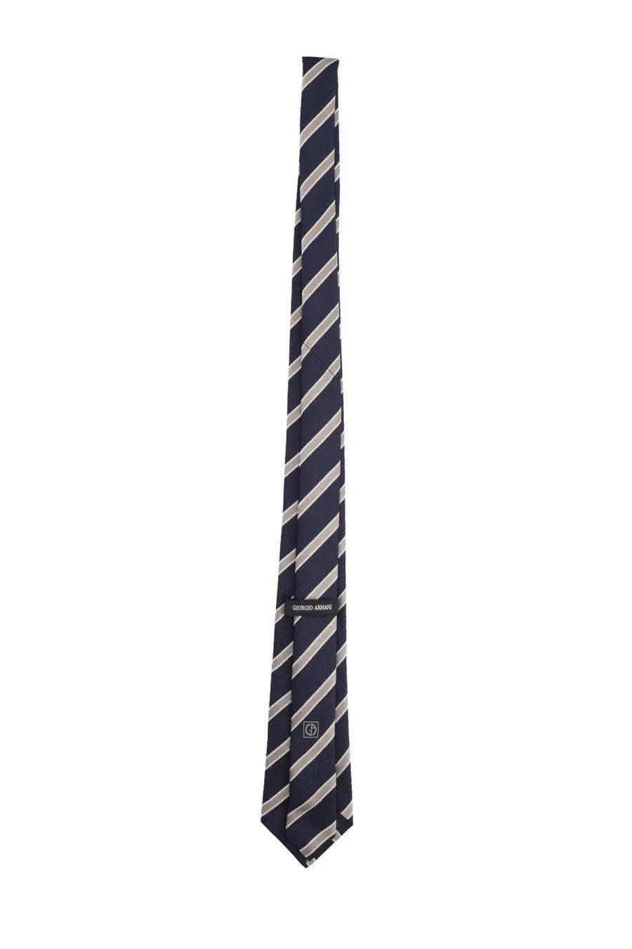 A navy blue and light gray striped silk tie by Giorgio Armani for men