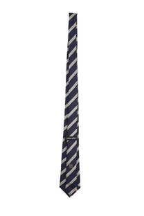 A navy blue and light gray striped silk tie by Giorgio Armani for men