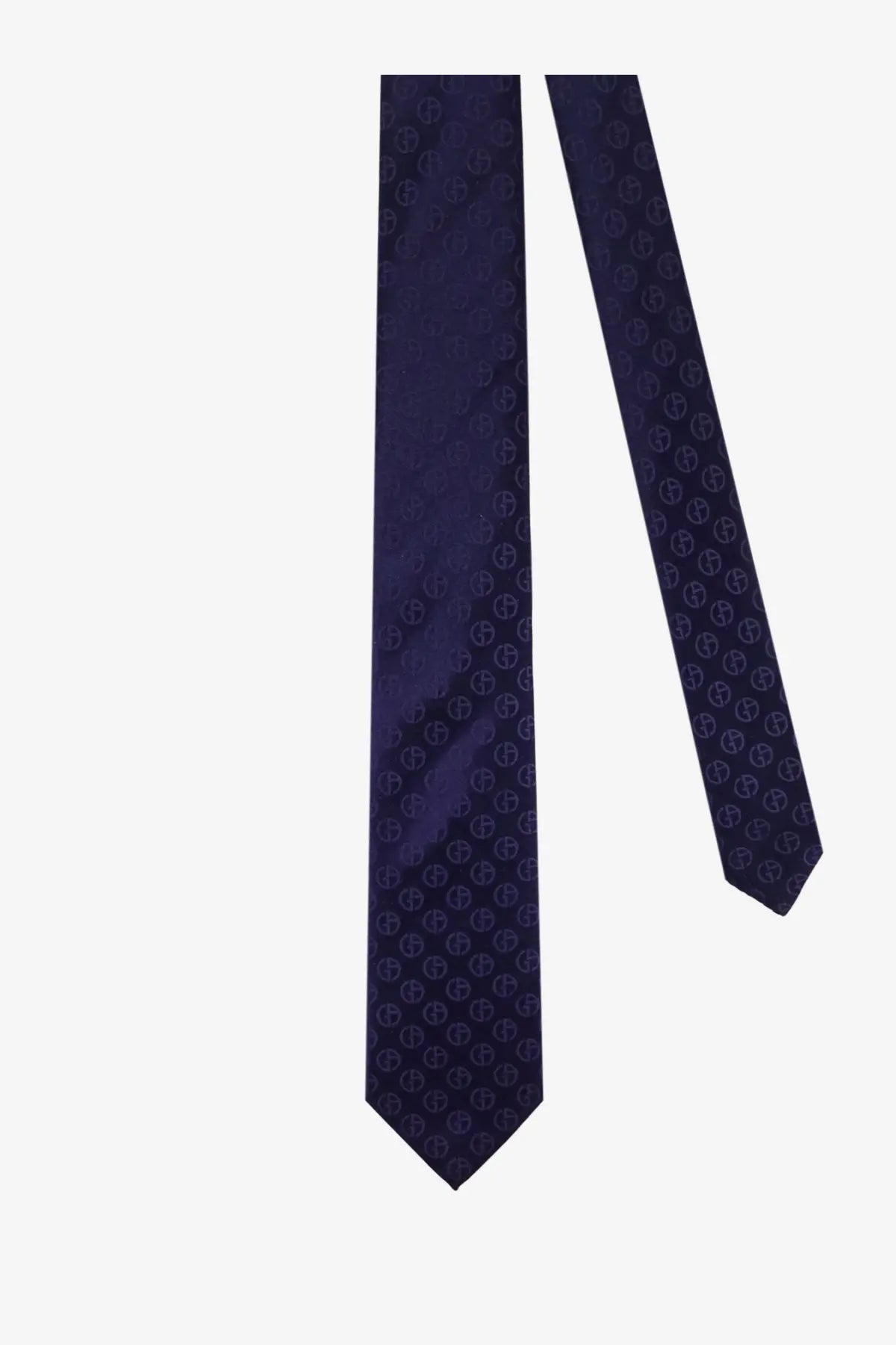 Navy blue silk tie with subtle repeating monogram pattern by Giorgio Armani for men