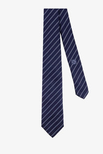 Giorgio Armani men’s silk tie in navy blue with white diagonal stripes and a subtle textured weave